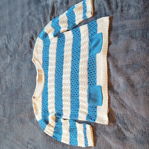 RD Style| Blue And White Striped Knit Crew Neck Sweater - Picture 8 of 12